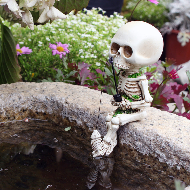 Fishing Skeleton Garden Statue